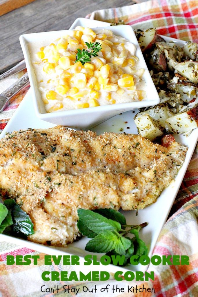 Best Ever Slow Cooker Creamed Corn | Can't Stay Out of the Kitchen | this fantastic #corn dish is terrific for company & #holiday dinners. It's so easy since it's made in the #crockpot. Takes only 5 minutes to prepare! It got rave reviews when we served it to our company. #casserole #glutenfree