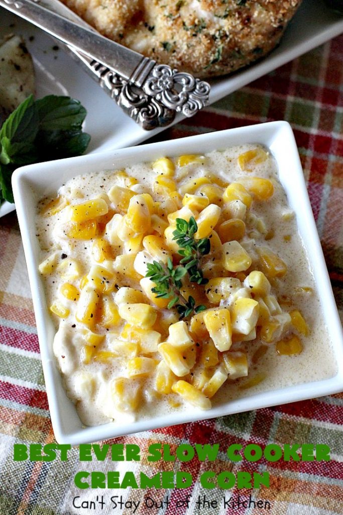 Best Ever Slow Cooker Creamed Corn | Can't Stay Out of the Kitchen | this fantastic #corn dish is terrific for company & #holiday dinners. It's so easy since it's made in the #crockpot. Takes only 5 minutes to prepare! It got rave reviews when we served it to our company. #casserole #glutenfree
