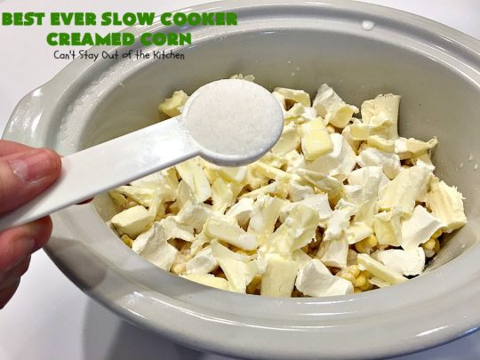 Best Ever Slow Cooker Creamed Corn | Can't Stay Out of the Kitchen | this fantastic #corn dish is terrific for company & #holiday dinners. It's so easy since it's made in the #crockpot. Takes only 5 minutes to prepare! It got rave reviews when we served it to our company. #casserole #glutenfree