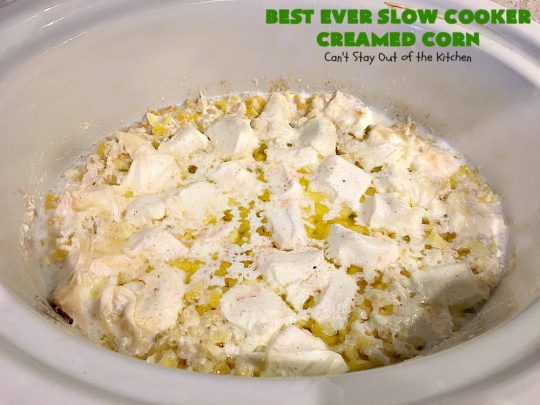 Best Ever Slow Cooker Creamed Corn | Can't Stay Out of the Kitchen | this fantastic #corn dish is terrific for company & #holiday dinners. It's so easy since it's made in the #crockpot. Takes only 5 minutes to prepare! It got rave reviews when we served it to our company. #casserole #glutenfree
