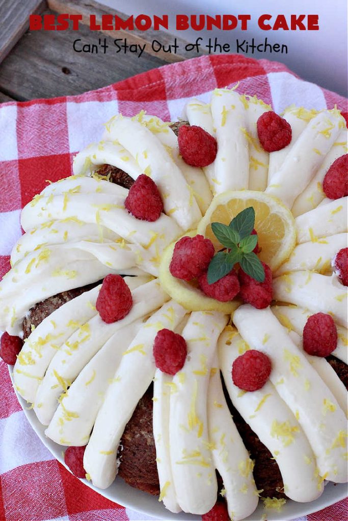 Best Lemon Bundt Cake | Can't Stay Out of the Kitchen | this fantastic #cake is better than #NothingBundtCakes! It uses a #lemon cake mix, lemon jell-O, vanilla pudding mix & #LemonPieFilling. Then it's topped with a scrumptious #CreamCheese icing that's out of this world. If you enjoy lemony #desserts this one is terrific for #holiday or company dinners. #HolidayDessert #LemonDessert #LemonCake #BestLemonBundtCake