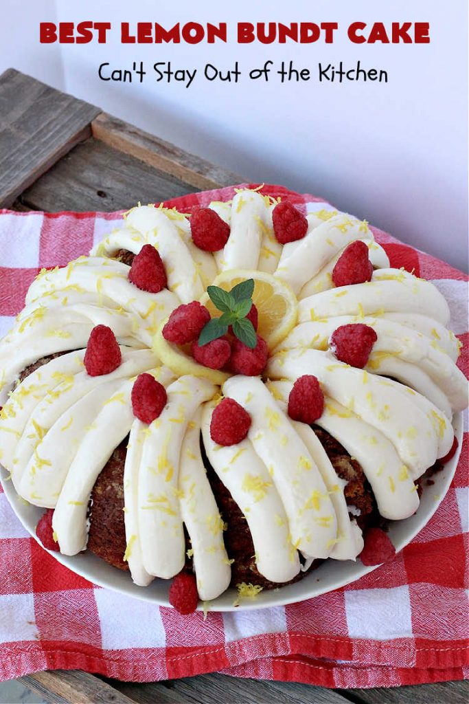 Best Lemon Bundt Cake | Can't Stay Out of the Kitchen | this fantastic #cake is better than #NothingBundtCakes! It uses a #lemon cake mix, lemon jell-O, vanilla pudding mix & #LemonPieFilling. Then it's topped with a scrumptious #CreamCheese icing that's out of this world. If you enjoy lemony #desserts this one is terrific for #holiday or company dinners. #HolidayDessert #LemonDessert #LemonCake #BestLemonBundtCake