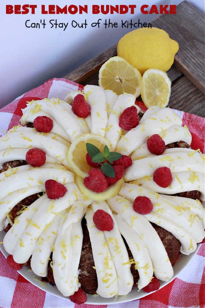 Best Lemon Bundt Cake | Can't Stay Out of the Kitchen | this fantastic #cake is better than #NothingBundtCakes! It uses a #lemon cake mix, lemon jell-O, vanilla pudding mix & #LemonPieFilling. Then it's topped with a scrumptious #CreamCheese icing that's out of this world. If you enjoy lemony #desserts this one is terrific for #holiday or company dinners. #HolidayDessert #LemonDessert #LemonCake #BestLemonBundtCake