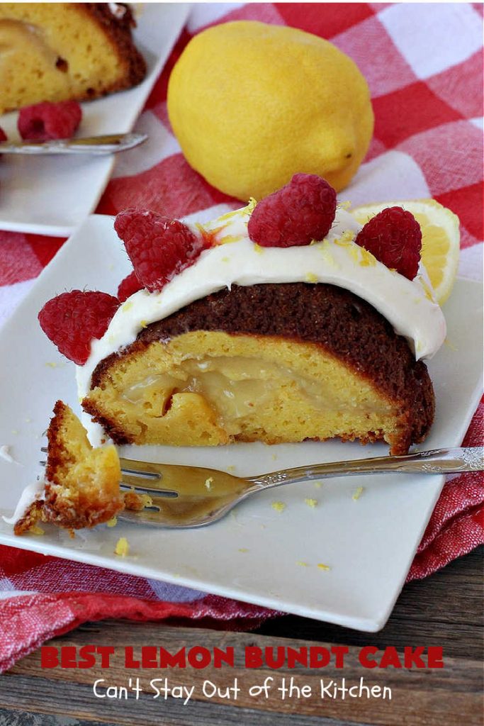 Best Lemon Bundt Cake | Can't Stay Out of the Kitchen | this fantastic #cake is better than #NothingBundtCakes! It uses a #lemon cake mix, lemon jell-O, vanilla pudding mix & #LemonPieFilling. Then it's topped with a scrumptious #CreamCheese icing that's out of this world. If you enjoy lemony #desserts this one is terrific for #holiday or company dinners. #HolidayDessert #LemonDessert #LemonCake #BestLemonBundtCake