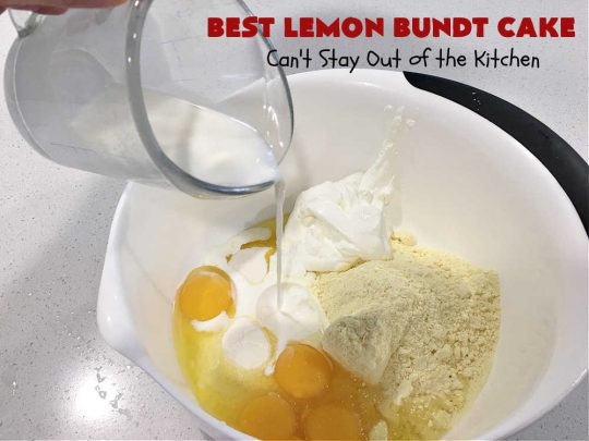Best Lemon Bundt Cake | Can't Stay Out of the Kitchen | this fantastic #cake is better than #NothingBundtCakes! It uses a #lemon cake mix, lemon jell-O, vanilla pudding mix & #LemonPieFilling. Then it's topped with a scrumptious #CreamCheese icing that's out of this world. If you enjoy lemony #desserts this one is terrific for #holiday or company dinners. #HolidayDessert #LemonDessert #LemonCake #BestLemonBundtCake