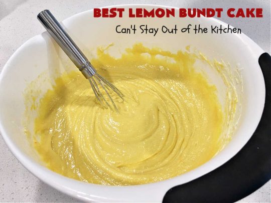 Best Lemon Bundt Cake | Can't Stay Out of the Kitchen | this fantastic #cake is better than #NothingBundtCakes! It uses a #lemon cake mix, lemon jell-O, vanilla pudding mix & #LemonPieFilling. Then it's topped with a scrumptious #CreamCheese icing that's out of this world. If you enjoy lemony #desserts this one is terrific for #holiday or company dinners. #HolidayDessert #LemonDessert #LemonCake #BestLemonBundtCake