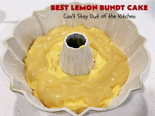 Best Lemon Bundt Cake | Can't Stay Out of the Kitchen | this fantastic #cake is better than #NothingBundtCakes! It uses a #lemon cake mix, lemon jell-O, vanilla pudding mix & #LemonPieFilling. Then it's topped with a scrumptious #CreamCheese icing that's out of this world. If you enjoy lemony #desserts this one is terrific for #holiday or company dinners. #HolidayDessert #LemonDessert #LemonCake #BestLemonBundtCake