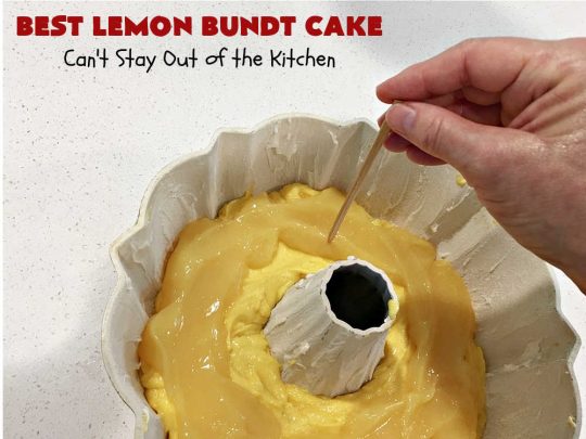 Best Lemon Bundt Cake | Can't Stay Out of the Kitchen | this fantastic #cake is better than #NothingBundtCakes! It uses a #lemon cake mix, lemon jell-O, vanilla pudding mix & #LemonPieFilling. Then it's topped with a scrumptious #CreamCheese icing that's out of this world. If you enjoy lemony #desserts this one is terrific for #holiday or company dinners. #HolidayDessert #LemonDessert #LemonCake #BestLemonBundtCake