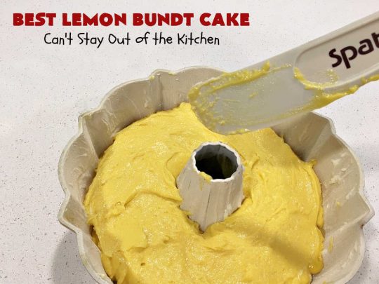 Best Lemon Bundt Cake | Can't Stay Out of the Kitchen | this fantastic #cake is better than #NothingBundtCakes! It uses a #lemon cake mix, lemon jell-O, vanilla pudding mix & #LemonPieFilling. Then it's topped with a scrumptious #CreamCheese icing that's out of this world. If you enjoy lemony #desserts this one is terrific for #holiday or company dinners. #HolidayDessert #LemonDessert #LemonCake #BestLemonBundtCake