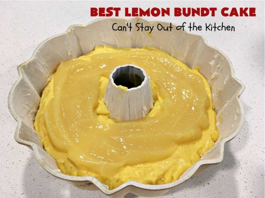 Best Lemon Bundt Cake | Can't Stay Out of the Kitchen | this fantastic #cake is better than #NothingBundtCakes! It uses a #lemon cake mix, lemon jell-O, vanilla pudding mix & #LemonPieFilling. Then it's topped with a scrumptious #CreamCheese icing that's out of this world. If you enjoy lemony #desserts this one is terrific for #holiday or company dinners. #HolidayDessert #LemonDessert #LemonCake #BestLemonBundtCake