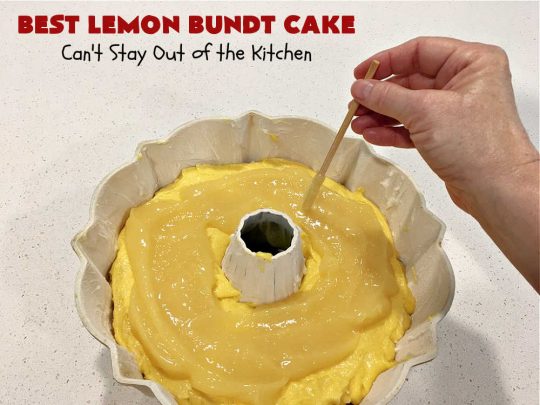 Best Lemon Bundt Cake | Can't Stay Out of the Kitchen | this fantastic #cake is better than #NothingBundtCakes! It uses a #lemon cake mix, lemon jell-O, vanilla pudding mix & #LemonPieFilling. Then it's topped with a scrumptious #CreamCheese icing that's out of this world. If you enjoy lemony #desserts this one is terrific for #holiday or company dinners. #HolidayDessert #LemonDessert #LemonCake #BestLemonBundtCake