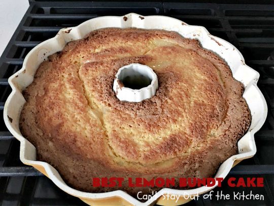 Best Lemon Bundt Cake | Can't Stay Out of the Kitchen | this fantastic #cake is better than #NothingBundtCakes! It uses a #lemon cake mix, lemon jell-O, vanilla pudding mix & #LemonPieFilling. Then it's topped with a scrumptious #CreamCheese icing that's out of this world. If you enjoy lemony #desserts this one is terrific for #holiday or company dinners. #HolidayDessert #LemonDessert #LemonCake #BestLemonBundtCake