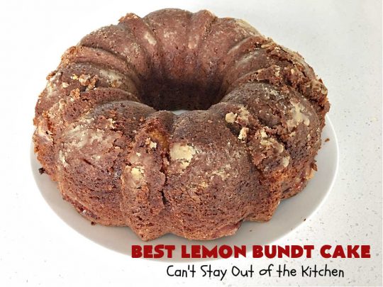 Best Lemon Bundt Cake | Can't Stay Out of the Kitchen | this fantastic #cake is better than #NothingBundtCakes! It uses a #lemon cake mix, lemon jell-O, vanilla pudding mix & #LemonPieFilling. Then it's topped with a scrumptious #CreamCheese icing that's out of this world. If you enjoy lemony #desserts this one is terrific for #holiday or company dinners. #HolidayDessert #LemonDessert #LemonCake #BestLemonBundtCake