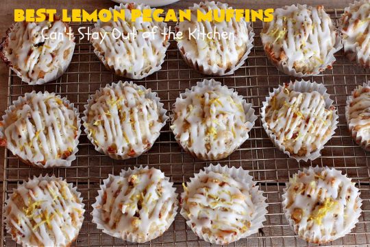 Best Lemon Pecan Muffins | Can't Stay Out of the Kitchen | these scrumptious #muffins are made with #pecans & #CandiedLemonPeel. Then they're iced with a #lemon icing to top them off. Perfect for a #holiday #breakfast like #Thanksgiving, #Christmas or #NewYearsDay. #HolidayBreakfast #ParadiseFruitCompany #ParadiseCandiedFruit #LemonPecanMuffins #LemonMuffins #BestLemonPecanMuffins