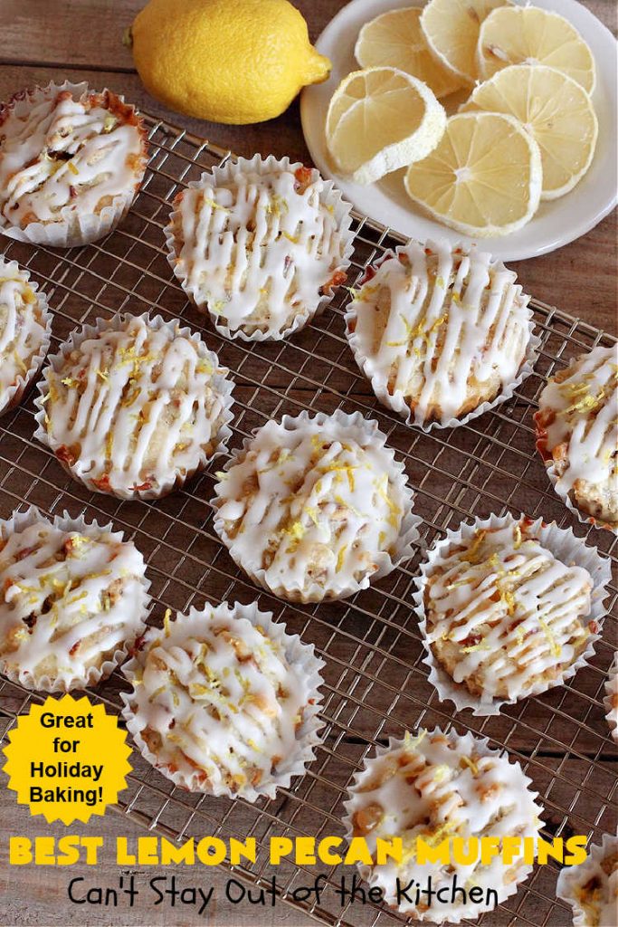 Best Lemon Pecan Muffins | Can't Stay Out of the Kitchen | these scrumptious #muffins are made with #pecans & #CandiedLemonPeel. Then they're iced with a #lemon icing to top them off. Perfect for a #holiday #breakfast like #Thanksgiving, #Christmas or #NewYearsDay. #HolidayBreakfast #ParadiseFruitCompany #ParadiseCandiedFruit #LemonPecanMuffins #LemonMuffins #BestLemonPecanMuffins