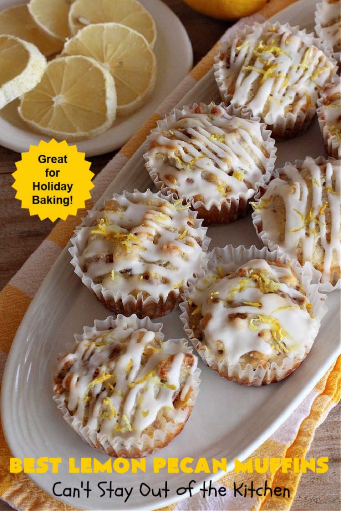 Best Lemon Pecan Muffins | Can't Stay Out of the Kitchen | these scrumptious #muffins are made with #pecans & #CandiedLemonPeel. Then they're iced with a #lemon icing to top them off. Perfect for a #holiday #breakfast like #Thanksgiving, #Christmas or #NewYearsDay. #HolidayBreakfast #ParadiseFruitCompany #ParadiseCandiedFruit #LemonPecanMuffins #LemonMuffins #BestLemonPecanMuffins