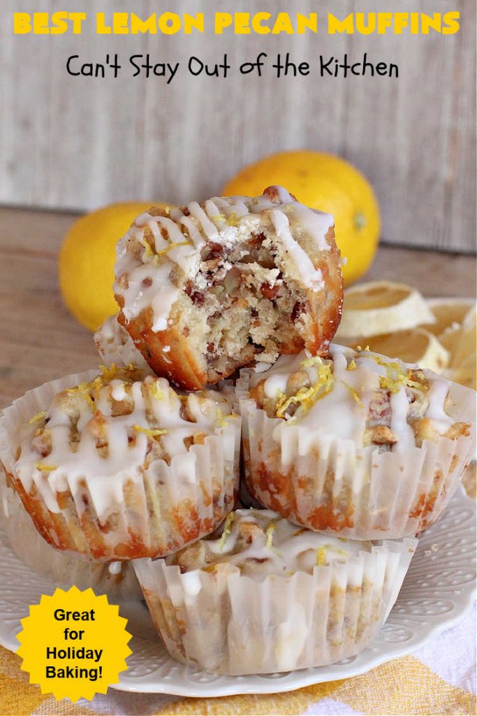 Best Lemon Pecan Muffins | Can't Stay Out of the Kitchen | these scrumptious #muffins are made with #pecans & #CandiedLemonPeel. Then they're iced with a #lemon icing to top them off. Perfect for a #holiday #breakfast like #Thanksgiving, #Christmas or #NewYearsDay. #HolidayBreakfast #ParadiseFruitCompany #ParadiseCandiedFruit #LemonPecanMuffins #LemonMuffins #BestLemonPecanMuffins
