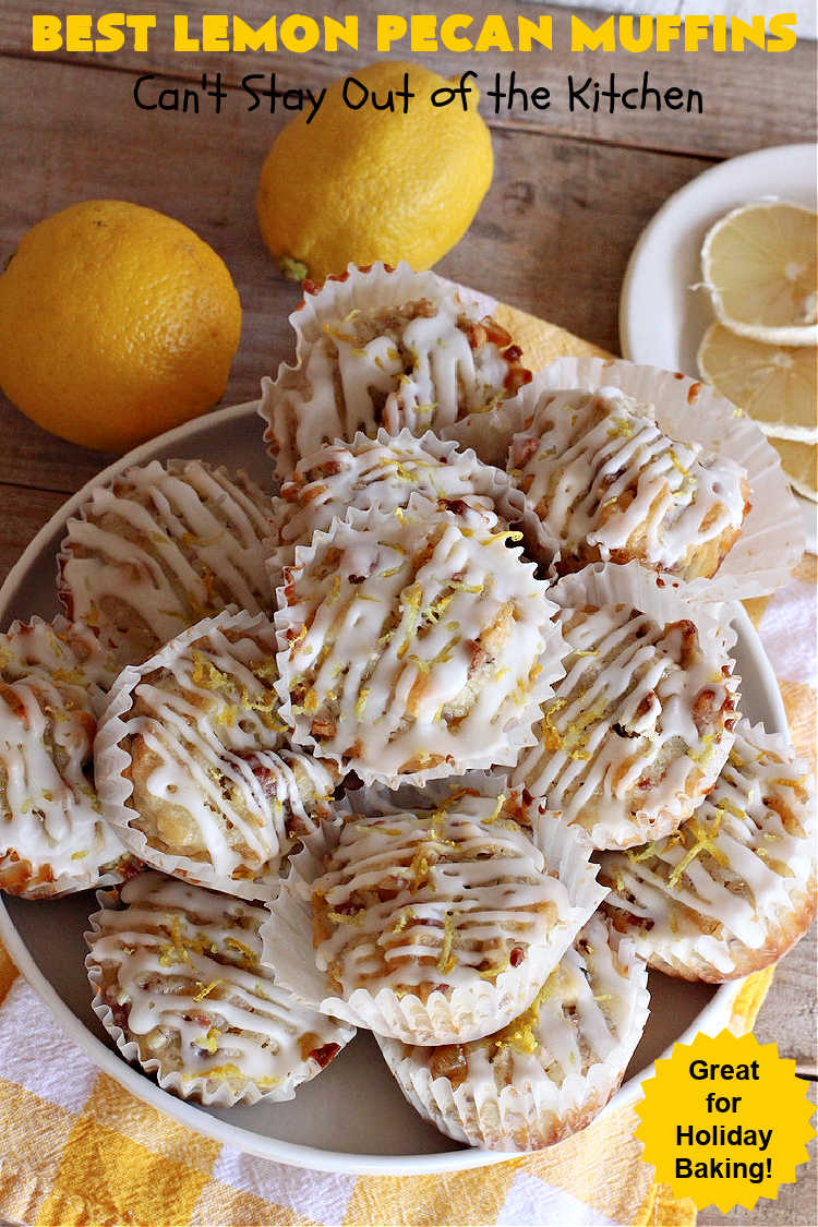 Best Lemon Pecan Muffins | Can't Stay Out of the Kitchen | these scrumptious #muffins are made with #pecans & #CandiedLemonPeel. Then they're iced with a #lemon icing to top them off. Perfect for a #holiday #breakfast like #Thanksgiving, #Christmas or #NewYearsDay. #HolidayBreakfast #ParadiseFruitCompany #ParadiseCandiedFruit #LemonPecanMuffins #LemonMuffins #BestLemonPecanMuffins