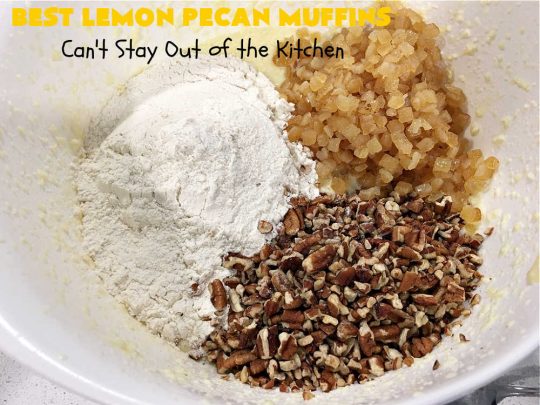 Best Lemon Pecan Muffins | Can't Stay Out of the Kitchen | these scrumptious #muffins are made with #pecans & #CandiedLemonPeel. Then they're iced with a #lemon icing to top them off. Perfect for a #holiday #breakfast like #Thanksgiving, #Christmas or #NewYearsDay. #HolidayBreakfast #ParadiseFruitCompany #ParadiseCandiedFruit #LemonPecanMuffins #LemonMuffins #BestLemonPecanMuffins