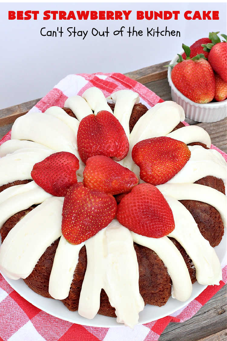 Best Strawberry Bundt Cake | Can't Stay Out of the Kitchen | This is a better version that #NothingBundtCakes that will wow your friends and knock your socks off! This delectable #cake is rich, decadent & heavenly. It's made with #Strawberry cake mix, strawberry jello & #StrawberryPieFilling. The #CreamCheese icing is luscious & irresistible! #StrawberryBundtCake #dessert #StrawberryDessert #holiday #HolidayDessert #BestStrawberryBundtCake