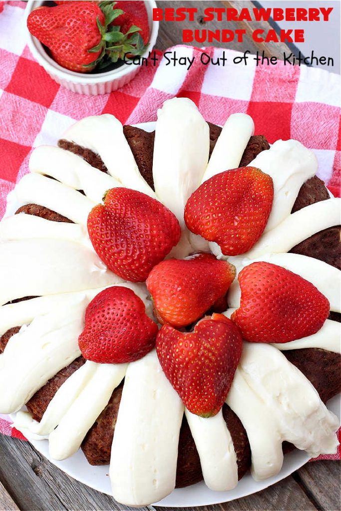 Best Strawberry Bundt Cake | Can't Stay Out of the Kitchen | This is a better version that #NothingBundtCakes that will wow your friends and knock your socks off! This delectable #cake is rich, decadent & heavenly. It's made with #Strawberry cake mix, strawberry jello & #StrawberryPieFilling. The #CreamCheese icing is luscious & irresistible! #StrawberryBundtCake #dessert #StrawberryDessert #holiday #HolidayDessert #BestStrawberryBundtCake