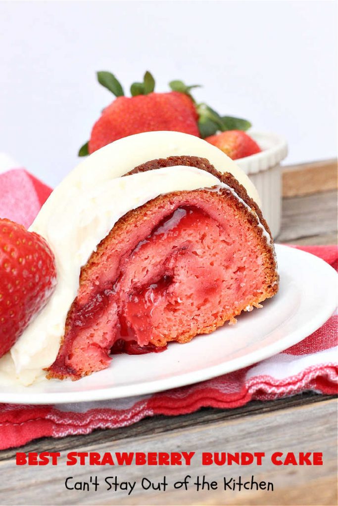 Best Strawberry Bundt Cake | Can't Stay Out of the Kitchen | This is a better version that #NothingBundtCakes that will wow your friends and knock your socks off! This delectable #cake is rich, decadent & heavenly. It's made with #Strawberry cake mix, strawberry jello & #StrawberryPieFilling. The #CreamCheese icing is luscious & irresistible! #StrawberryBundtCake #dessert #StrawberryDessert #holiday #HolidayDessert #BestStrawberryBundtCake