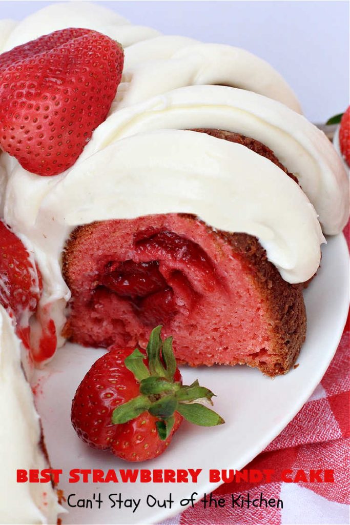 Best Strawberry Bundt Cake | Can't Stay Out of the Kitchen | This is a better version that #NothingBundtCakes that will wow your friends and knock your socks off! This delectable #cake is rich, decadent & heavenly. It's made with #Strawberry cake mix, strawberry jello & #StrawberryPieFilling. The #CreamCheese icing is luscious & irresistible! #StrawberryBundtCake #dessert #StrawberryDessert #holiday #HolidayDessert #BestStrawberryBundtCake