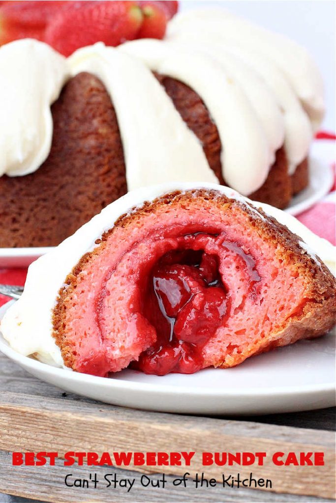 Best Strawberry Bundt Cake | Can't Stay Out of the Kitchen | This is a better version that #NothingBundtCakes that will wow your friends and knock your socks off! This delectable #cake is rich, decadent & heavenly. It's made with #Strawberry cake mix, strawberry jello & #StrawberryPieFilling. The #CreamCheese icing is luscious & irresistible! #StrawberryBundtCake #dessert #StrawberryDessert #holiday #HolidayDessert #BestStrawberryBundtCake