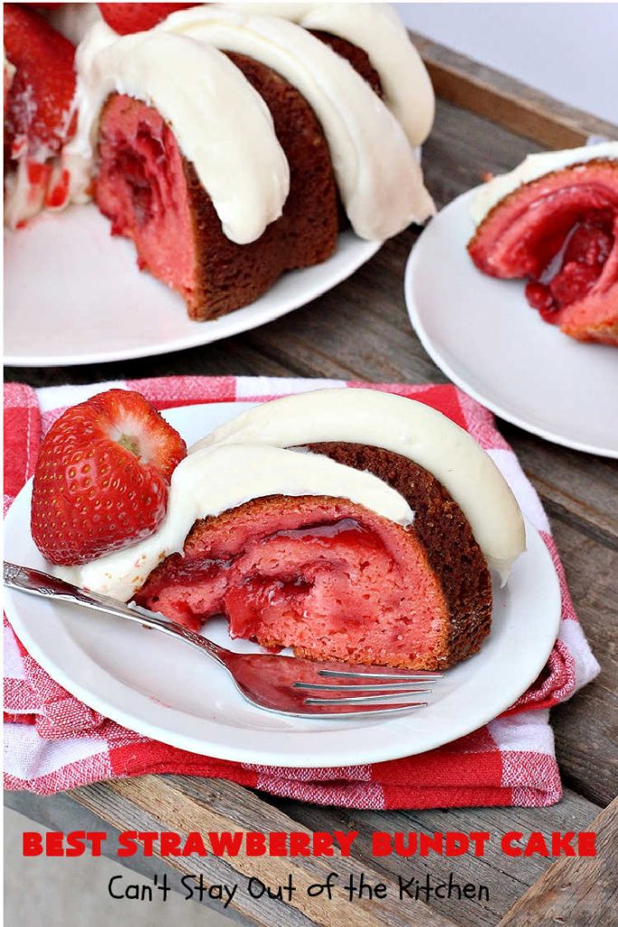 Best Strawberry Bundt Cake | Can't Stay Out of the Kitchen | This is a better version that #NothingBundtCakes that will wow your friends and knock your socks off! This delectable #cake is rich, decadent & heavenly. It's made with #Strawberry cake mix, strawberry jello & #StrawberryPieFilling. The #CreamCheese icing is luscious & irresistible! #StrawberryBundtCake #dessert #StrawberryDessert #holiday #HolidayDessert #BestStrawberryBundtCake