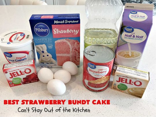 Best Strawberry Bundt Cake | Can't Stay Out of the Kitchen | This is a better version that #NothingBundtCakes that will wow your friends and knock your socks off! This delectable #cake is rich, decadent & heavenly. It's made with #Strawberry cake mix, strawberry jello & #StrawberryPieFilling. The #CreamCheese icing is luscious & irresistible! #StrawberryBundtCake #dessert #StrawberryDessert #holiday #HolidayDessert #BestStrawberryBundtCake