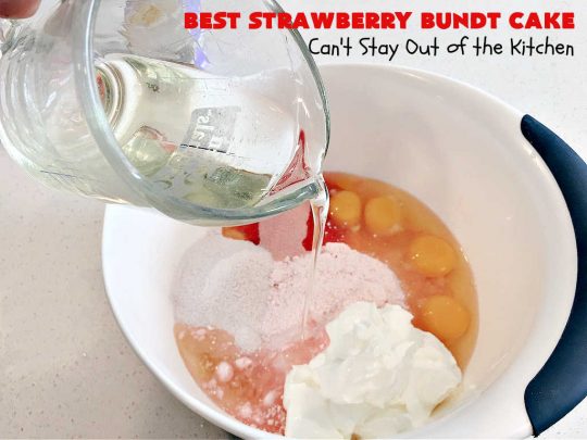 Best Strawberry Bundt Cake | Can't Stay Out of the Kitchen | This is a better version that #NothingBundtCakes that will wow your friends and knock your socks off! This delectable #cake is rich, decadent & heavenly. It's made with #Strawberry cake mix, strawberry jello & #StrawberryPieFilling. The #CreamCheese icing is luscious & irresistible! #StrawberryBundtCake #dessert #StrawberryDessert #holiday #HolidayDessert #BestStrawberryBundtCake