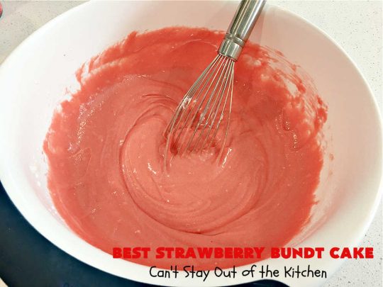 Best Strawberry Bundt Cake | Can't Stay Out of the Kitchen | This is a better version that #NothingBundtCakes that will wow your friends and knock your socks off! This delectable #cake is rich, decadent & heavenly. It's made with #Strawberry cake mix, strawberry jello & #StrawberryPieFilling. The #CreamCheese icing is luscious & irresistible! #StrawberryBundtCake #dessert #StrawberryDessert #holiday #HolidayDessert #BestStrawberryBundtCake