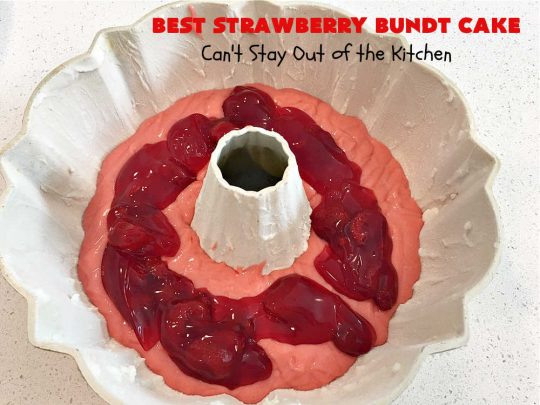 Best Strawberry Bundt Cake | Can't Stay Out of the Kitchen | This is a better version that #NothingBundtCakes that will wow your friends and knock your socks off! This delectable #cake is rich, decadent & heavenly. It's made with #Strawberry cake mix, strawberry jello & #StrawberryPieFilling. The #CreamCheese icing is luscious & irresistible! #StrawberryBundtCake #dessert #StrawberryDessert #holiday #HolidayDessert #BestStrawberryBundtCake