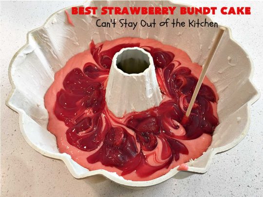Best Strawberry Bundt Cake | Can't Stay Out of the Kitchen | This is a better version that #NothingBundtCakes that will wow your friends and knock your socks off! This delectable #cake is rich, decadent & heavenly. It's made with #Strawberry cake mix, strawberry jello & #StrawberryPieFilling. The #CreamCheese icing is luscious & irresistible! #StrawberryBundtCake #dessert #StrawberryDessert #holiday #HolidayDessert #BestStrawberryBundtCake