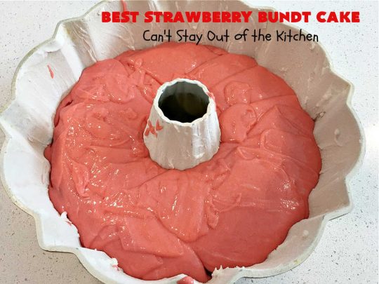 Best Strawberry Bundt Cake | Can't Stay Out of the Kitchen | This is a better version that #NothingBundtCakes that will wow your friends and knock your socks off! This delectable #cake is rich, decadent & heavenly. It's made with #Strawberry cake mix, strawberry jello & #StrawberryPieFilling. The #CreamCheese icing is luscious & irresistible! #StrawberryBundtCake #dessert #StrawberryDessert #holiday #HolidayDessert #BestStrawberryBundtCake