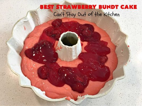 Best Strawberry Bundt Cake | Can't Stay Out of the Kitchen | This is a better version that #NothingBundtCakes that will wow your friends and knock your socks off! This delectable #cake is rich, decadent & heavenly. It's made with #Strawberry cake mix, strawberry jello & #StrawberryPieFilling. The #CreamCheese icing is luscious & irresistible! #StrawberryBundtCake #dessert #StrawberryDessert #holiday #HolidayDessert #BestStrawberryBundtCake