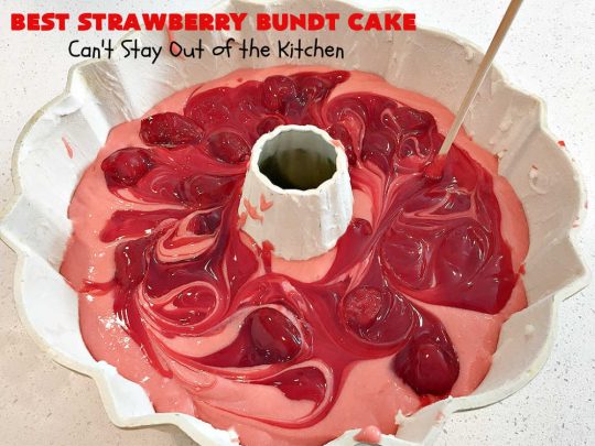 Best Strawberry Bundt Cake | Can't Stay Out of the Kitchen | This is a better version that #NothingBundtCakes that will wow your friends and knock your socks off! This delectable #cake is rich, decadent & heavenly. It's made with #Strawberry cake mix, strawberry jello & #StrawberryPieFilling. The #CreamCheese icing is luscious & irresistible! #StrawberryBundtCake #dessert #StrawberryDessert #holiday #HolidayDessert #BestStrawberryBundtCake