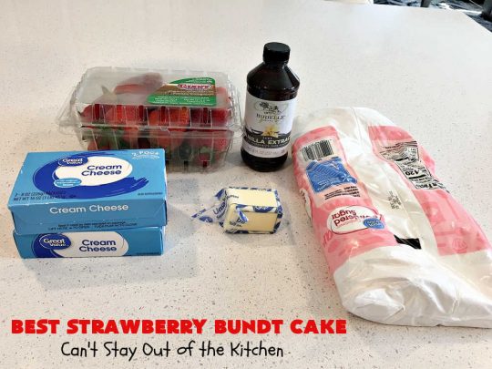 Best Strawberry Bundt Cake | Can't Stay Out of the Kitchen | This is a better version that #NothingBundtCakes that will wow your friends and knock your socks off! This delectable #cake is rich, decadent & heavenly. It's made with #Strawberry cake mix, strawberry jello & #StrawberryPieFilling. The #CreamCheese icing is luscious & irresistible! #StrawberryBundtCake #dessert #StrawberryDessert #holiday #HolidayDessert #BestStrawberryBundtCake