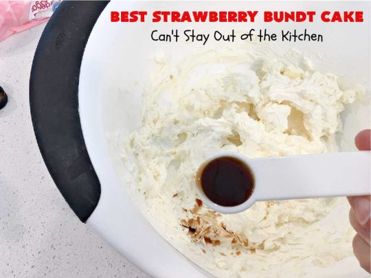 Best Strawberry Bundt Cake | Can't Stay Out of the Kitchen | This is a better version that #NothingBundtCakes that will wow your friends and knock your socks off! This delectable #cake is rich, decadent & heavenly. It's made with #Strawberry cake mix, strawberry jello & #StrawberryPieFilling. The #CreamCheese icing is luscious & irresistible! #StrawberryBundtCake #dessert #StrawberryDessert #holiday #HolidayDessert #BestStrawberryBundtCake