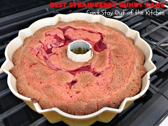 Best Strawberry Bundt Cake | Can't Stay Out of the Kitchen | This is a better version that #NothingBundtCakes that will wow your friends and knock your socks off! This delectable #cake is rich, decadent & heavenly. It's made with #Strawberry cake mix, strawberry jello & #StrawberryPieFilling. The #CreamCheese icing is luscious & irresistible! #StrawberryBundtCake #dessert #StrawberryDessert #holiday #HolidayDessert #BestStrawberryBundtCake