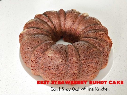 Best Strawberry Bundt Cake | Can't Stay Out of the Kitchen | This is a better version that #NothingBundtCakes that will wow your friends and knock your socks off! This delectable #cake is rich, decadent & heavenly. It's made with #Strawberry cake mix, strawberry jello & #StrawberryPieFilling. The #CreamCheese icing is luscious & irresistible! #StrawberryBundtCake #dessert #StrawberryDessert #holiday #HolidayDessert #BestStrawberryBundtCake