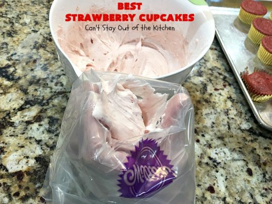 Best Strawberry Cupcakes | Can't Stay Out of the Kitchen | these spectacular #Strawberry #Cupcakes will have you drooling from the first bite. Terrific for company & #holidays like #FathersDay. We also like to make them for #ValentinesDay, #Christmas & baby showers! #BestStrawberryCupcakes #dessert #StrawberryDessert