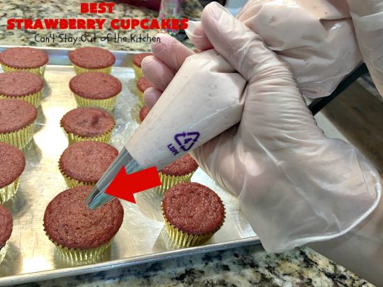 Best Strawberry Cupcakes | Can't Stay Out of the Kitchen | these spectacular #Strawberry #Cupcakes will have you drooling from the first bite. Terrific for company & #holidays like #FathersDay. We also like to make them for #ValentinesDay, #Christmas & baby showers! #BestStrawberryCupcakes #dessert #StrawberryDessert