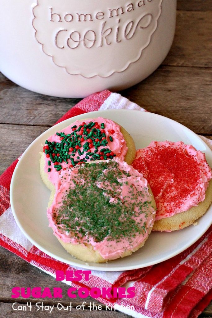 Best Sugar Cookies | Can't Stay Out of the Kitchen | these fantastic #SugarCookies are my absolute favorite #recipe! They are perfect for #holiday parties & #ChristmasCookieExchanges. The secret ingredient makes all the difference and the frosting is divine! #Dessert #cookies #HolidayDessert #ChristmasDessert #IcedSugarCookies