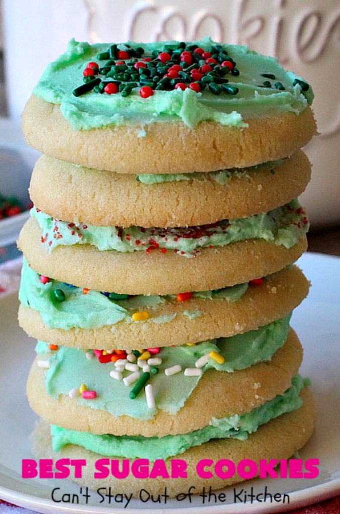 Best Sugar Cookies | Can't Stay Out of the Kitchen | these fantastic #SugarCookies are my absolute favorite #recipe! They are perfect for #holiday parties & #ChristmasCookieExchanges. The secret ingredient makes all the difference and the frosting is divine! #Dessert #cookies #HolidayDessert #ChristmasDessert #IcedSugarCookies