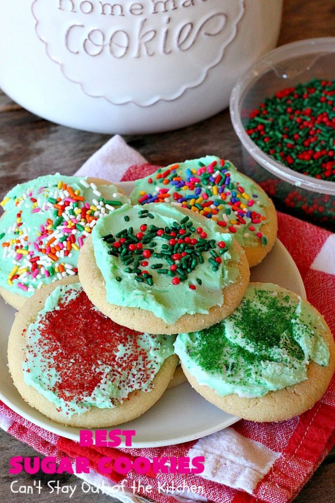 Best Sugar Cookies | Can't Stay Out of the Kitchen | these fantastic #SugarCookies are my absolute favorite #recipe! They are perfect for #holiday parties & #ChristmasCookieExchanges. The secret ingredient makes all the difference and the frosting is divine! #Dessert #cookies #HolidayDessert #ChristmasDessert #IcedSugarCookies