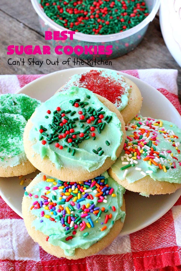 Best Sugar Cookies | Can't Stay Out of the Kitchen | these fantastic #SugarCookies are my absolute favorite #recipe! They are perfect for #holiday parties & #ChristmasCookieExchanges. The secret ingredient makes all the difference and the frosting is divine! #Dessert #cookies #HolidayDessert #ChristmasDessert #IcedSugarCookies