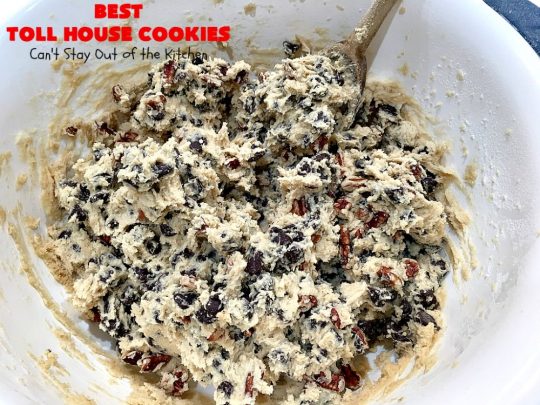 Best Toll House Cookies | Can't Stay Out of the Kitchen | #TollHouseCookies have an upgrade with this fantastic #recipe. Lots more #ChocolateChips & vanilla increases the flavor exponentially. Terrific for #tailgating or office parties, potlucks or backyard BBQs. #cookies #chocolate #holiday #HolidayBaking #ChristmasCookieExchange #dessert #BestTollHouseCookies #ChocolateDessert