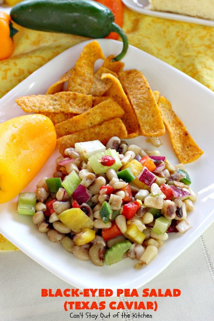 Texas Caviar a.k.a. Black-Eyed Pea Salad | Can't Stay Out of the Kitchen | perfect as a dip with #Fritos scoops or serve as a #salad. Light & refreshing & great for summer #holidays, backyard BBQs or family reunions. #glutenfree #vegan #blackeyedpeas #appetizer