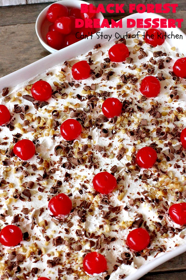 Black Forest Dream Dessert | Can't Stay Out of the Kitchen | this spectacular #dessert has a crust layer with #pecans & #coconut. It also has #cheesecake layer, a #cherrypiefilling layer, a vanilla pudding layer with melted #chocolatechips added, & a top layer with #CoolWhip, #maraschinocherries, #chocolate curls & chopped #pecans. Absolutely divine! #BlackForestDessert #CherryDessert #ChocolateDessert #ValentinesDay #ValentinesDayDessert #ChristmasDessert #CheesecakeDessert